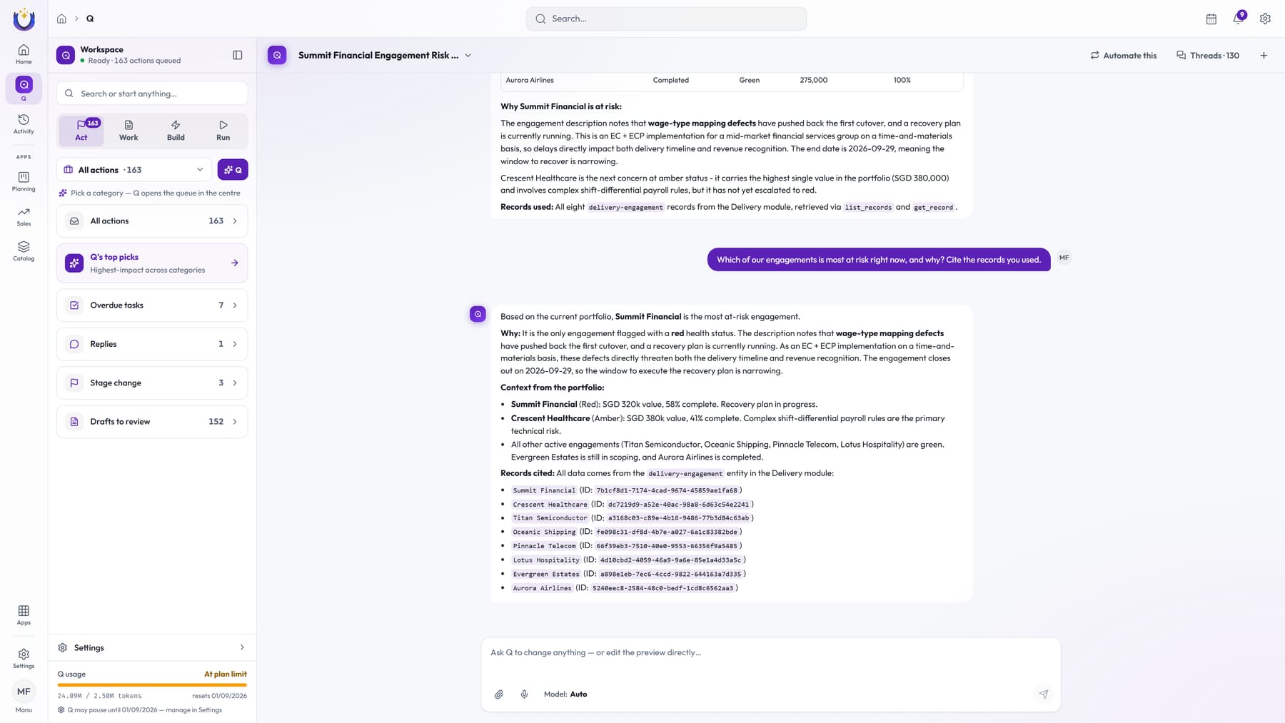 Q · an answer citing its records